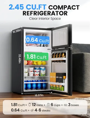 Miniatura 2 de COWSAR - Mini refrigerador compacto de 2.5 pies cúbicos con congelador, puerta doble reversible con 2 estantes extraíbles, refrigerador de bebidas