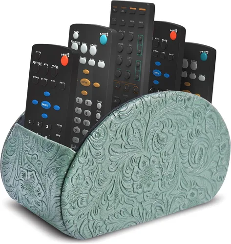 Miniatura 9 de QIELIZI Soporte para control remoto, organizador de escritorio de piel sintética con 5 compartimentos espaciosos para controles remotos de TV