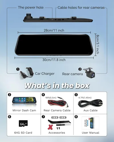 Miniatura 9 de Cámara de espejo retrovisor de 12'' con CarPlay y Android Auto, cámara de tablero de 4K, cámara frontal y trasera con asistencia de marcha