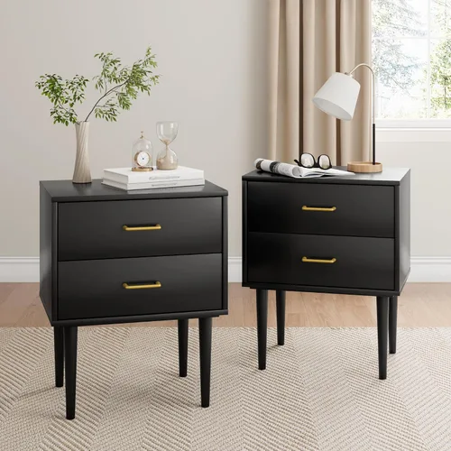 Mesita de noche negra con 2 cajones, mesita de noche alta y moderna negra, mesitas de noche de madera para dormitorio, mesa auxiliar de cama, mesa