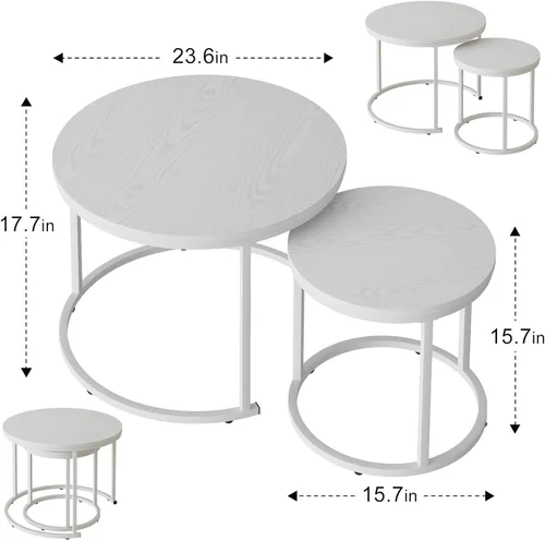 Miniatura 2 de Garden 4 you Mesa de Centro Anidable, Juego de Mesa de Centro Redonda de 23.6", Juego de 2 Mesas Anidables de Madera con Marco de Metal, Mesas Blanco
