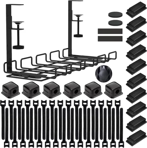 Bandeja de organización de cables para debajo del escritorio, kit organizador de cables de acero sin taladros con 52 accesorios esenciales