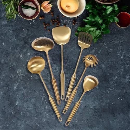 Miniatura 2 de Juego de utensilios de cocina dorados de 7 piezas con soporte, utensilios de cocina de acero inoxidable, herramientas de cocina de metal, juego