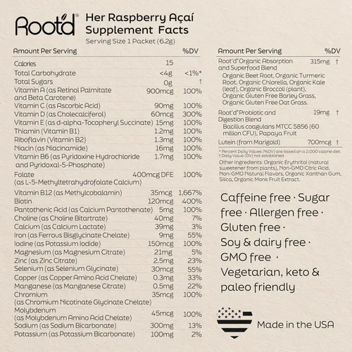 Miniatura 6 de Root'd Multivitamínico en polvo para mujeres – 25 vitaminas y minerales con 3 electrolitos, 9 superalimentos orgánicos, probióticos y enzimas