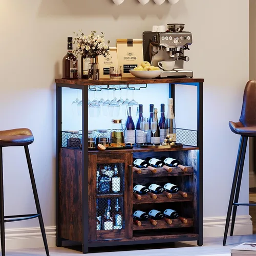 Miniatura 14 de IDEALHOUSE Armario de bar de vinos de 3 niveles con estante de vino desmontable y espacio de almacenamiento, gabinete de buffet con soporte de Gris