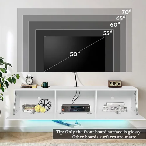 Miniatura 8 de Soporte de TV flotante con LED para TV de 60, 65, 70 pulgadas, brillante centro de entretenimiento moderno montado en la pared con almacenamiento