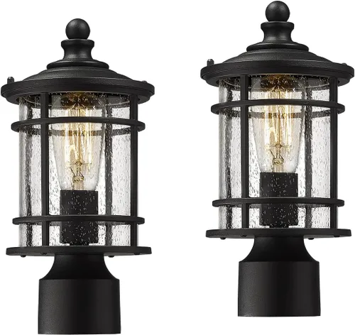 Emliviar XE229P-S-2PK BK - Paquete de 2 luces de poste para exteriores de 12.5 pulgadas con vidrio sembrado en acabado negro, XE229P-S-2PK BK