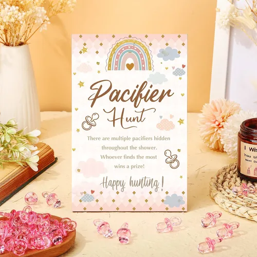 Miniatura 2 de Thyle Juego de 51 piezas de chupete de caza para baby shower, incluye signo de caza y 50 chupetes acrílicos para decoración de juegos de baby Rosa