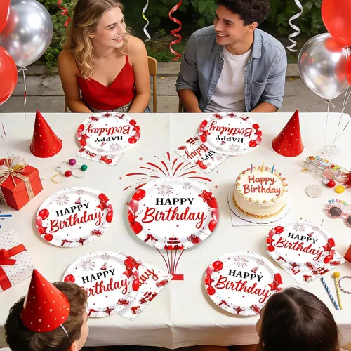 Miniatura 6 de 96 piezas de decoraciones de fiesta de cumpleaños rojo y blanco con platos y servilletas de feliz cumpleaños, juegos de vajilla de globos