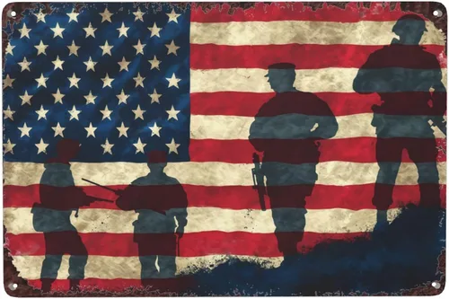 Soldados del ejército estadounidense con bandera vintage, 8 x 12 pulgadas, decoración de pared de metal retro para temática patriótica, militar o de
