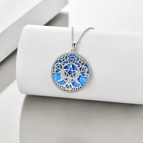 Miniatura 2 de YFN Collar con dije de triple luna y diosa de plata esterlina, pentagrama y ópalo, collar con dije de ópalo pagano, amuleto mágico wiccano, árbol