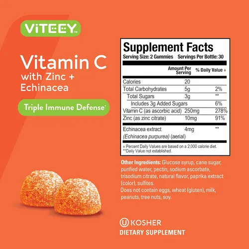 Miniatura 4 de VITEEY Gomitas de vitamina C para adultos y adolescentes con zinc y equinácea - Gomitas de apoyo inmunológico - Potenciador inmunológico - Veganas