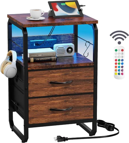 Miniatura 16 de runjuly Mesita de noche con luz, mesa auxiliar LED con cajones y estación de carga con puerto tipo C, pequeña mesa de noche con ganchos, cómoda