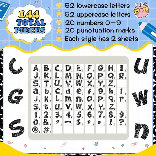 Miniatura 3 de Colarr 144 letras con purpurina para tablero de anuncios para el aula, números, símbolos de puntuación, letras troqueladas de 4 pulgadas con punto