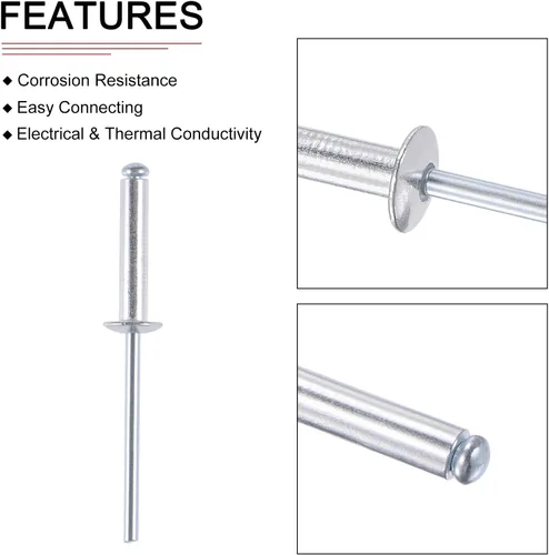 Miniatura 3 de DTGN Remaches ciegos de 0.094 in x 0.236 in (DxL) - Paquete de 60 - Bueno para unión de maquinaria - Remache de extremo abierto de cúpula de aluminio