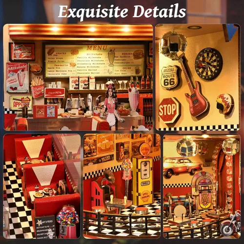 Miniatura 2 de fifijoy Kit de Rincón de Libros - Kit de Casa en Miniatura DIY para Adultos, Kit de Construcción de Casa Pequeña Cafetería Retro de los años 50