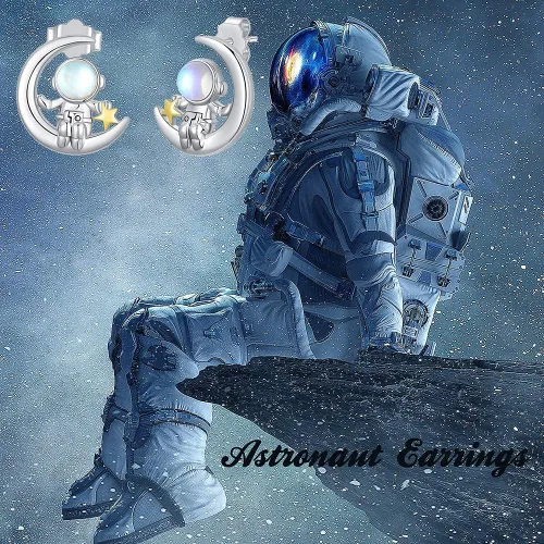 Miniatura 6 de SLIACETE Aretes de astronauta de plata de ley 925, aretes de astronauta y luna, bonitos aretes de estrella espacial, regalo de cumpleaños