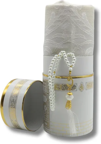 Miniatura 3 de Juego de alfombra de oración musulmana y rosario con caja de regalo de Kaaba, juego de regalos islámicos, Janamaz, Sajadah, blanco CRK02