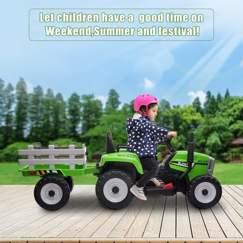 Miniatura 7 de SEHOMY Tractor de paseo para niños con remolque y motores duales de 25W, vehículo de juguete eléctrico para niños alimentado por batería de 12V