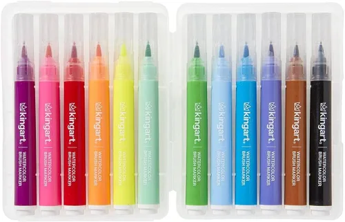 Miniatura 9 de KINGART Rotuladores de acuarela de punta de pincel con estuche, 12 colores, barril ancho para una fácil sujeción, tinta no tóxica a base de agua