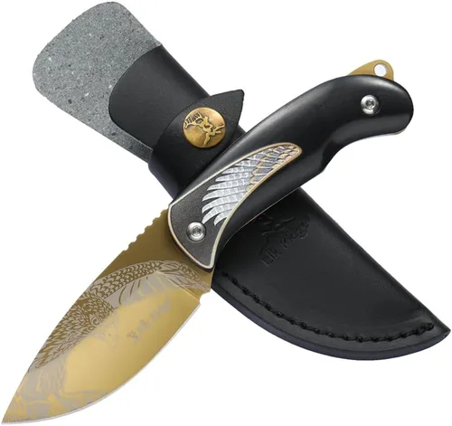 Elk Ridge Cuchillo de caza de hoja fija, longitud total de 7 pulgadas, hoja de punto de caída de 3.3 pulgadas, mango de madera, funda de cuero,