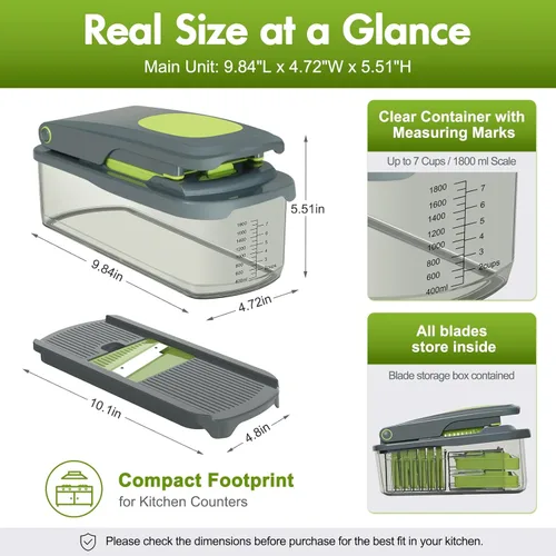 Miniatura 3 de Ourokhome Picadora manual de alimentos con contenedor, cortador de verduras de mandolina y cebolla con 8 cuchillas, trituradora de verduras