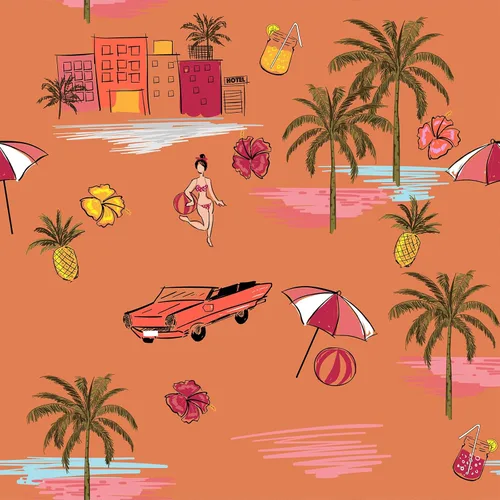 VEELIKE Orange Island - Papel tapiz autoadhesivo para despegar y pegar, dibujado a mano, palmeras de playa de verano, papel tapiz extraíble, 17.7 x