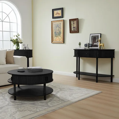 Miniatura 7 de XUZENEST - Mesa de café redonda de 31.5" con almacenamiento, mesa de café de 2 niveles de mediados de siglo moderna con puerta deslizante de tambor
