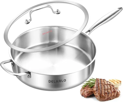 DELARLO Sartén de acero inoxidable de tres capas con tapa de 5.5 cuartos de galón, sartén profunda de 12.3 pulgadas, sartén grande de inducción,