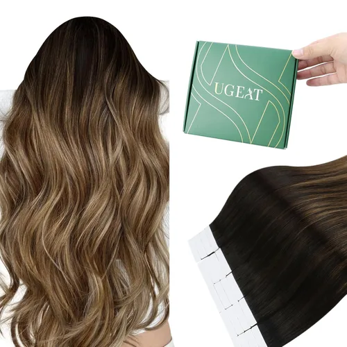 Miniatura 15 de Ugeat - Extensiones de cabello humano con cinta adhesiva, color marrón, extensiones de cabello humano, color marrón oscuro a rubio caramelo, Cinta