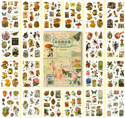 BLEDS Calcomanías para Álbumes de Recortes, Libro de Calcomanías de Plantas y Hongos con Calcomanías Estéticas Ephemera, Suministros de Journaling