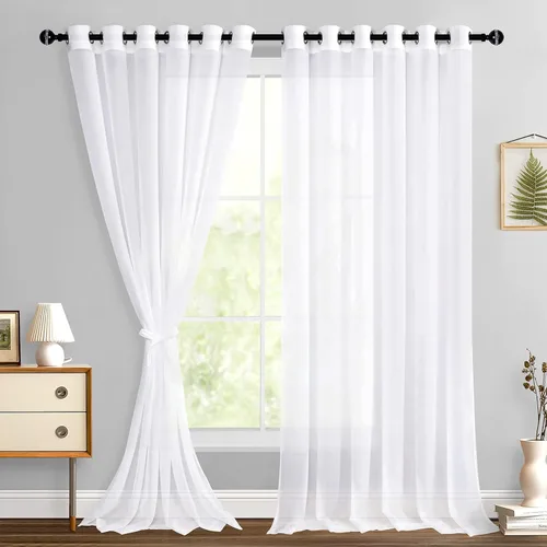Miniatura 29 de Hiasan - Cortinas traslúcidas de gasa cortas semitransparentes con ojales y alzapaños filtrantes de luz para ventana, dormitorio, baño, 2 paneles