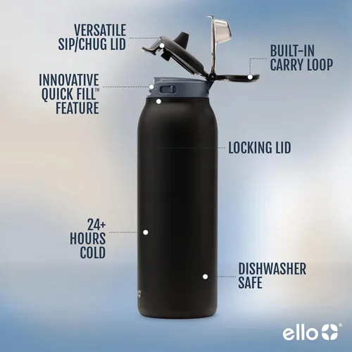 Miniatura 3 de Ello Pop & Fill Insulated Stainless Steel Water Bottle with Quick Fill Lid, Leakproof Locking, Sip or Chug Spout, BPA-Free, Double Wall Vacuum Negro