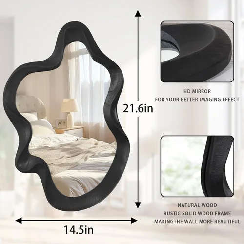 Miniatura 7 de Espejo asimétrico para decoración de pared, grande, moderno, ondulado, con marco de madera, espejo de pared con forma única montado en pared