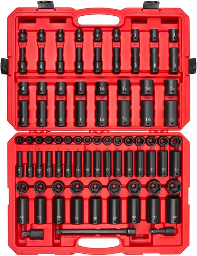 TEKTON Juego de dados de impacto de 6 puntos poco profundos y profundos de 1/2 pulgada con funda, 87 piezas (5/16-1-1/4 pulgadas, 0.315-1.260 in) |