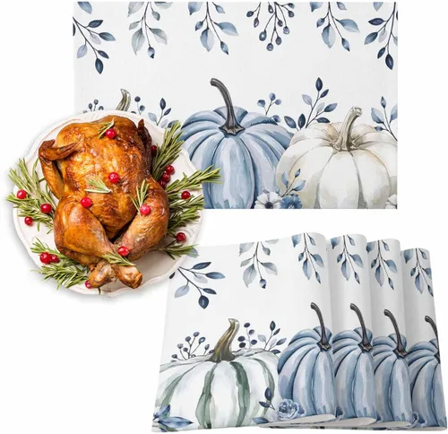 Juego de 4 manteles individuales de otoño, manteles individuales de calabaza blanca y azul con hojas de eucalipto azules, manteles individuales de