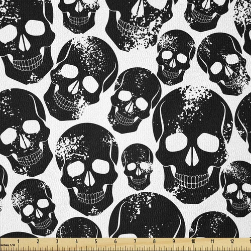 Miniatura 31 de Ambesonne The Yard, tela de calavera colorida con temática de Halloween, diseño de calavera y huesos cruzados, divertido estampado de dibujos