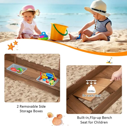 Miniatura 3 de Costzon Caja de arena para niños, pozo de arena de madera de cedro de 45 x 45 pulgadas con asientos de banco integrados, cajas de almacenamiento