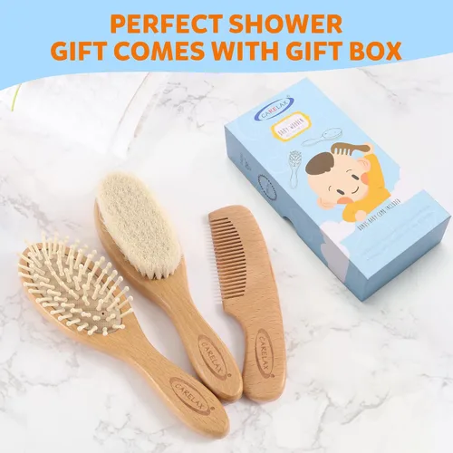 Miniatura 6 de Juego de cepillo y peine para el pelo del bebé, cepillo de madera orgánica con cerdas naturales de cabra de 3 piezas para recién nacidos y niños