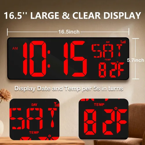 Miniatura 2 de Reloj de pared digital con pantalla grande: reloj digital LED de 16.5 pulgadas con control remoto, fecha, semana, DST automático, brillo ajustable