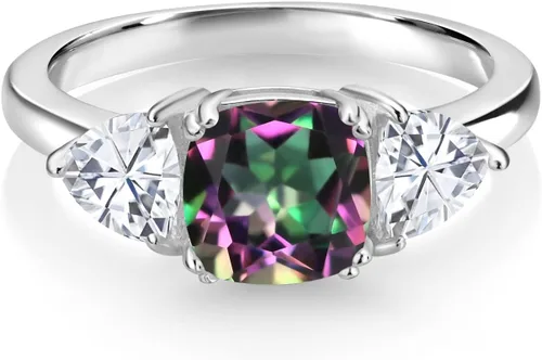 Miniatura 11 de 925 Sterling Silver Gemstone Birthstone and White Moissanite 3-Stone Engagement Ring for Women 7MM Cushion and 5MM Trillion Accents Three Stone