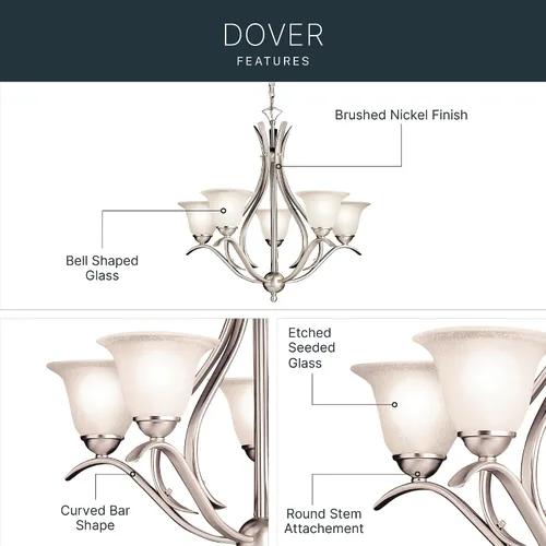 Miniatura 3 de Kichler Dover - Lámpara de araña de 23 pulgadas en níquel cepillado, 5 luces clásicas para vestíbulo o comedor con vidrio semillado grabado