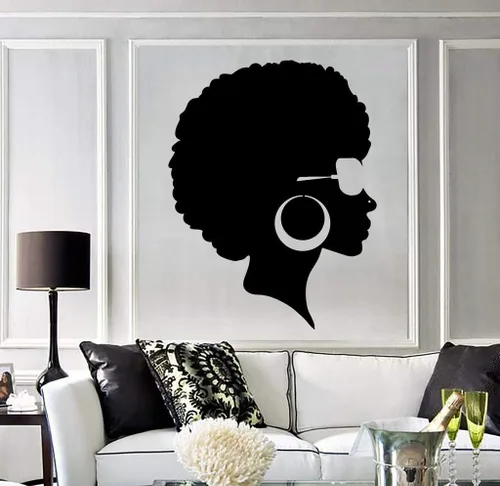Peinado africano señora negra decoración de pared pegatinas vinilo pared etiqueta murales salón de belleza SA249 (negro)