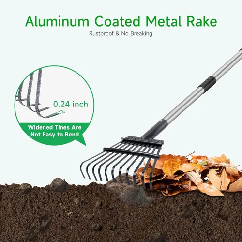 Miniatura 6 de GreatBuddy Rastrillo de hojas ajustable, rastrillo de metal de 8 pulgadas de ancho, perfecto para arbustos, macizos de flores y áreas pequeñas
