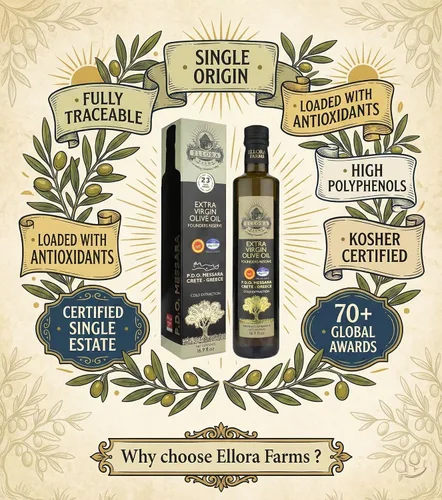 Miniatura 3 de Ellora Farms, Aceite de Oliva Virgen Extra Griego, Single Estate DOP Messara, Grecia, sin OMG, prensado en frío, Polifenol, Botella de vidrio, 17 FL