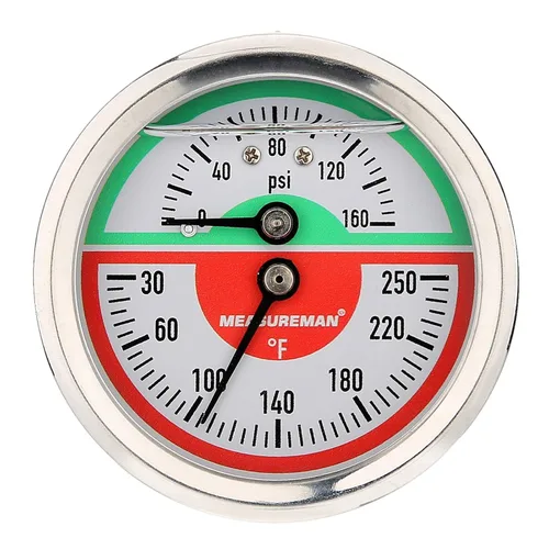 Miniatura 6 de MEASUREMAN Tridicator, Medidor de presión termo-manómetro, esfera de 2-1/2 pulgadas, 0-160 psi/30-250 grados F, caja de hierro negro, montaje