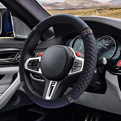 Miniatura 13 de ZIMISI Funda de volante de cuero suave con diamantes brillantes, protector de volante antideslizante de 15" con cristales brillantes para automóvil