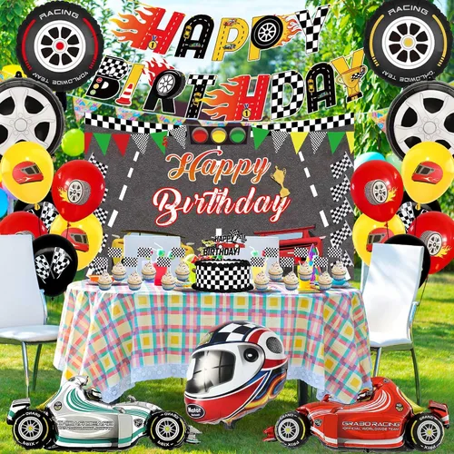 Miniatura 5 de Decoraciones de fiesta de cumpleaños de coche de carreras, 34 globos de decoración, incluye pancarta, globo, telón de fondo, tela, casco