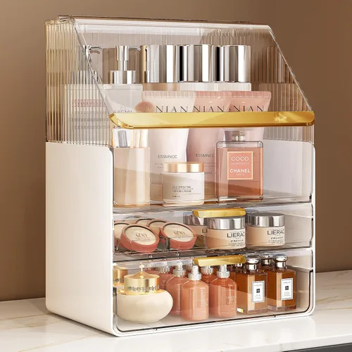 Organizador de maquillaje para encimera con tapa, organizadores de cuidado de la piel para tocador, 3 niveles, almacenamiento de maquillaje