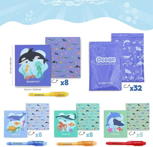 Miniatura 5 de BONNYCO Paquete de 32 Bolígrafos de Tinta Invisible y Cuadernos, Recuerdos de Fiesta Bajo el Mar. Recuerdos de Fiesta del Océano para Niños